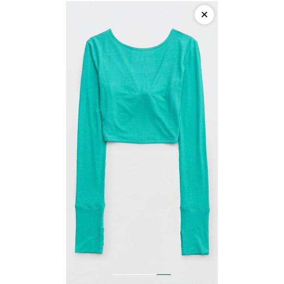 Aerie OFFLINE Teal Thumbs Up Bow Long Sleeve Modal Crop Top- Size Large - Picture 4 of 9